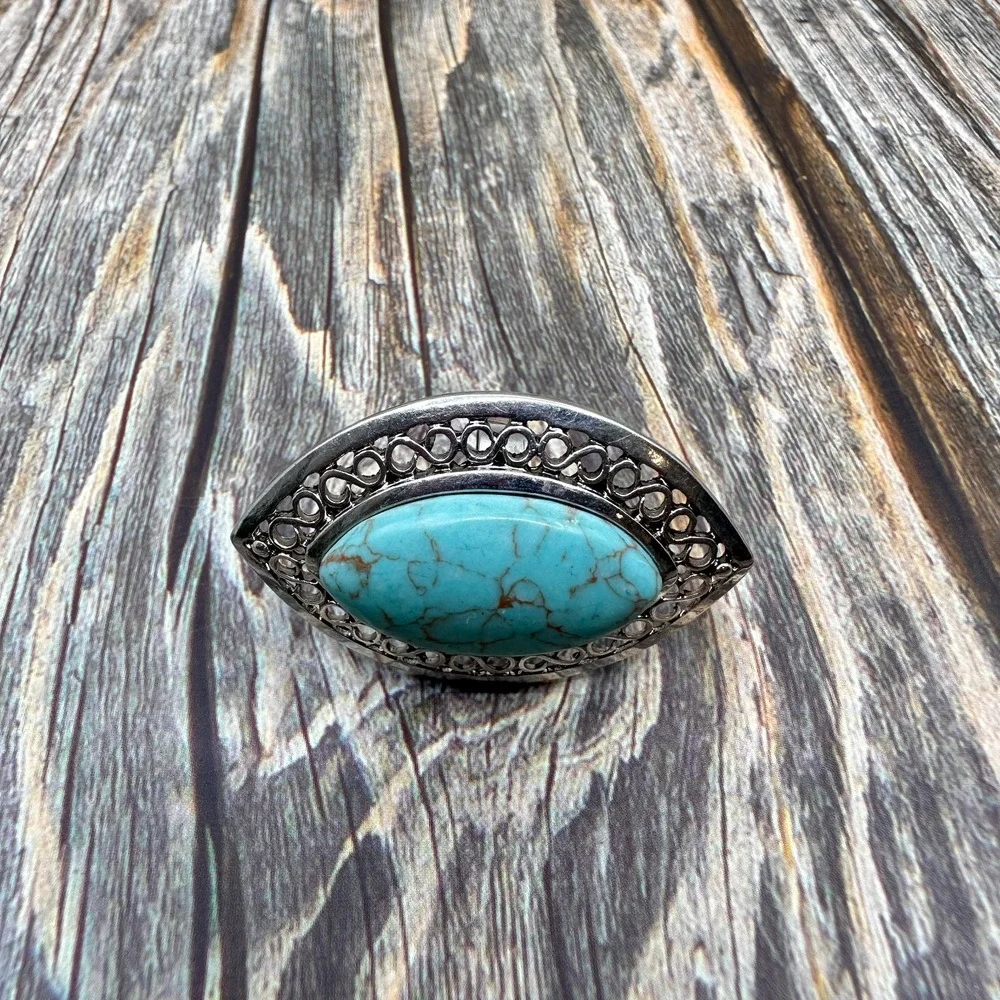 Boho Turquoise Oval Statement Ring Silver Tone Filigree Adjustable Vintage Gift